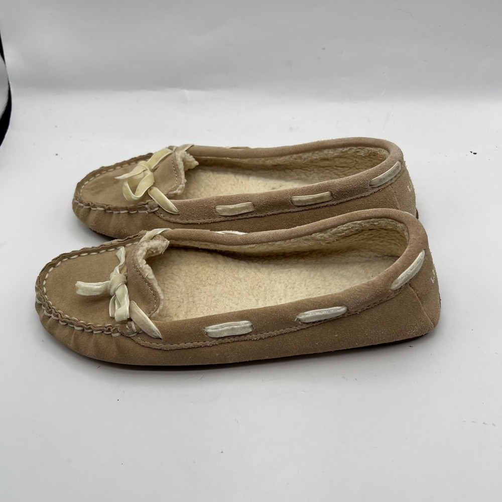 LL Bean Wicked Good Moccasin Slippers Tan Suede Fleece Lined Womens 7 M JNA3 04